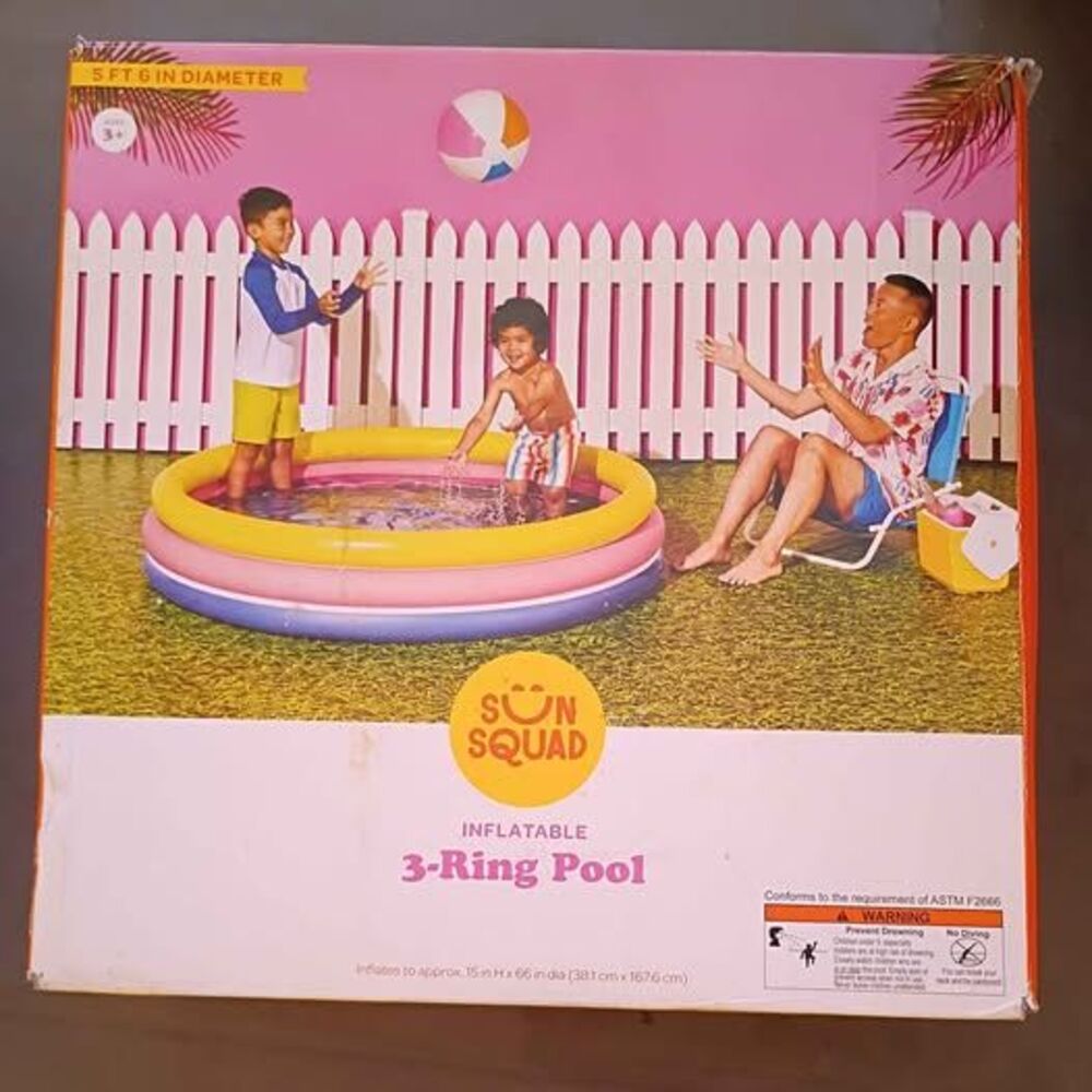 NEW Sun Squad Inflatable 3 Ring Pool 5ft 6in Diameter YellowPinkBlue Kiddie Pool